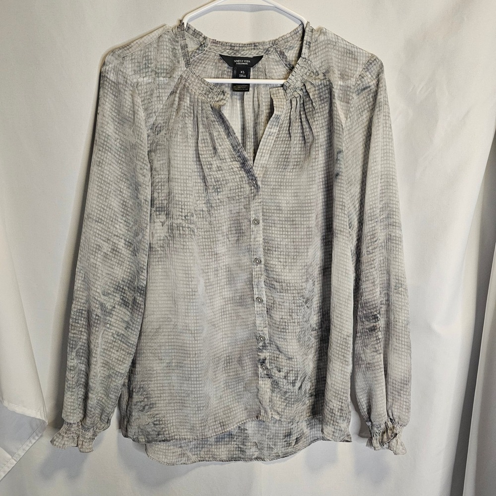 Simply‎ Vera Vera Wang Womens XS Grey Grid Tie Dye Sheer Button Down Blouse Top